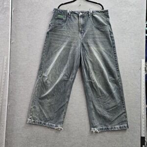 Empyre Women Jeans 16 Grey Denim‎ Embroidery Wide-Leg Indie Baggy Skater Y2K